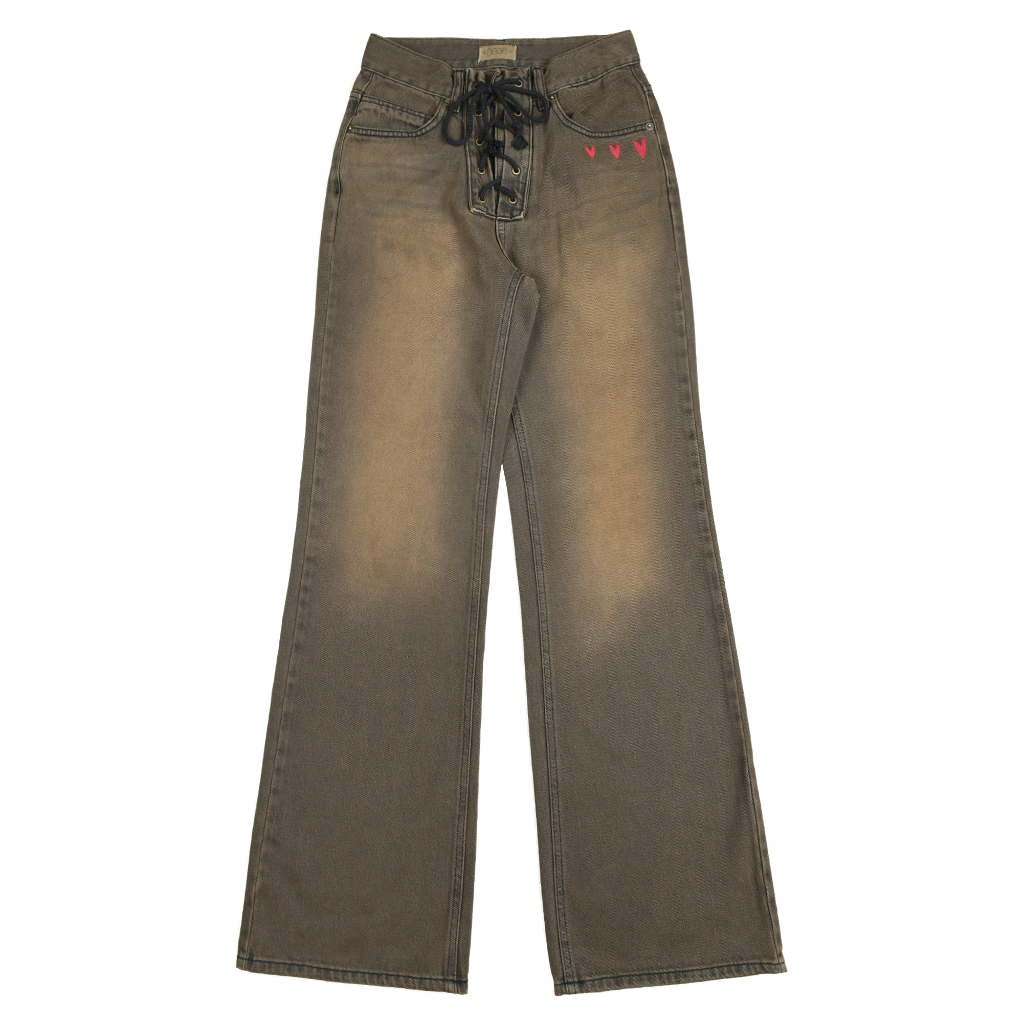 HEART EMBROIDERY JEANS - [BROWN]